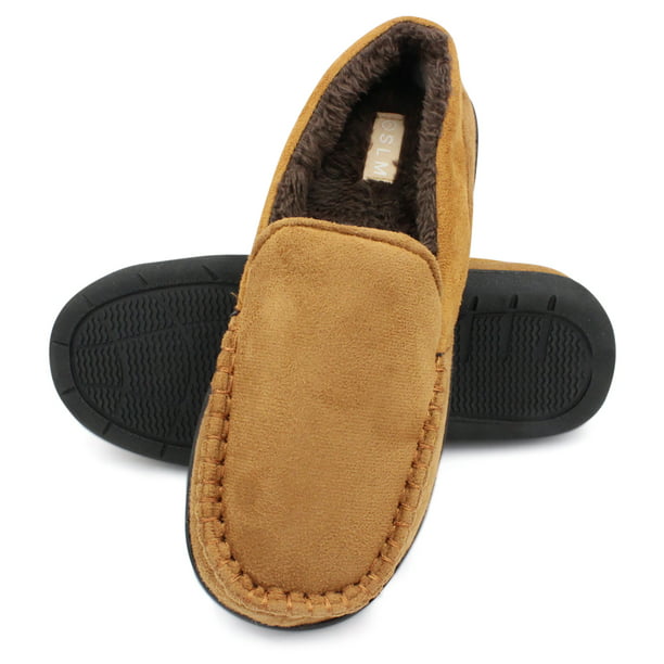 Mens Moccasins Slippers Loafers Faux Suede Sheepskin Tartan Lined House Shoes